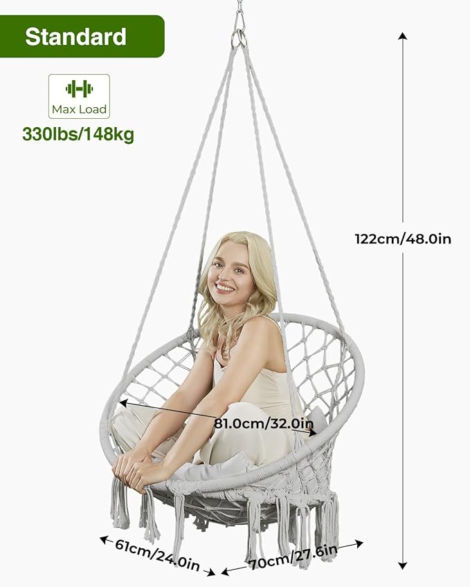 Greenstell Hammock Chair, Macrame Swing Chair with Comfy Cushion, Boho Hanging Chair for Outdoor & Indoor, Perfect for Bedroom, Patio, Balcony, Hold up to 330Lbs, Grey