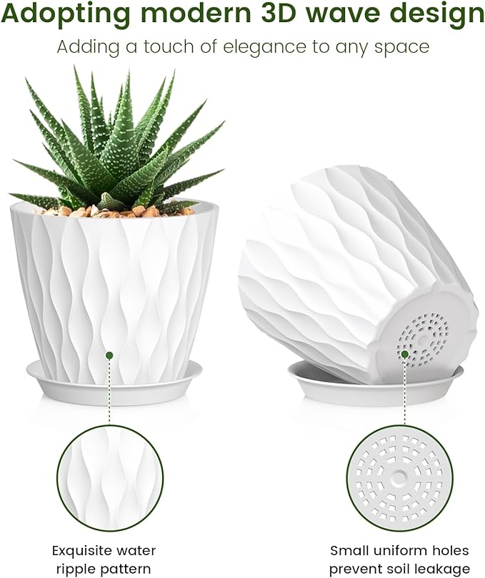 5 inch Plant Pots for Indoor Outdoor Plants, 6 Pack Thick Nursery Pots with Drainage Holes and Saucers, 3D Modern Wave Texture Small Plastic Planter Flower Pots, Multicolor