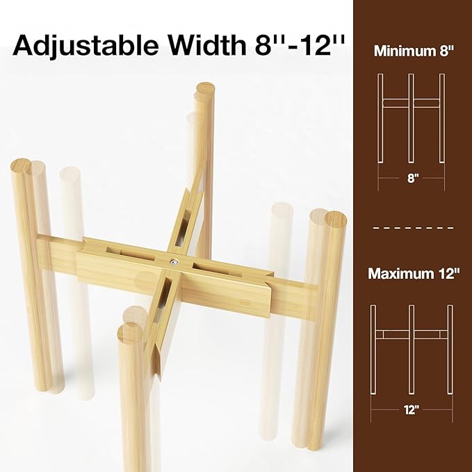 MUDEELA Plant Stand for Indoor Plants: Adjustable Width Fits 8-12 Inch Pots - Mid Century Modern Bamboo Plant Stand - 14.5 Inch Single Tier Small Floor Plant Holder, Natural, 1 Pack (Without Pot)