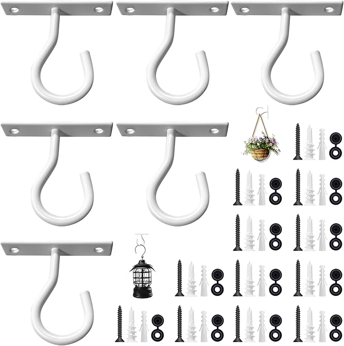 6Pack 2.5Inch Ceiling Hooks for Hanging Plant, Hanger for Indoor and Outdoor Plant Pots Holder, Wall Hook for Planters, Flower Basket, Wind Chimes, Lanterns, Lights, Bird Feeders, Home Decor-White