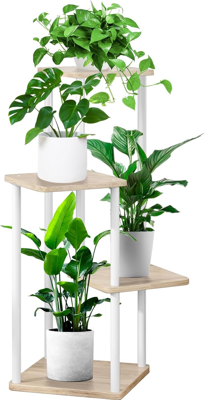 4 Tier Plant Stand Indoor, Thickened Metal Wood Corner Plant Shelf Stands for Multiple Plants, Indoor Tall Plants Stand Tiered Flower Holder for Living Room Patio Garden Balcony(White+Oak)