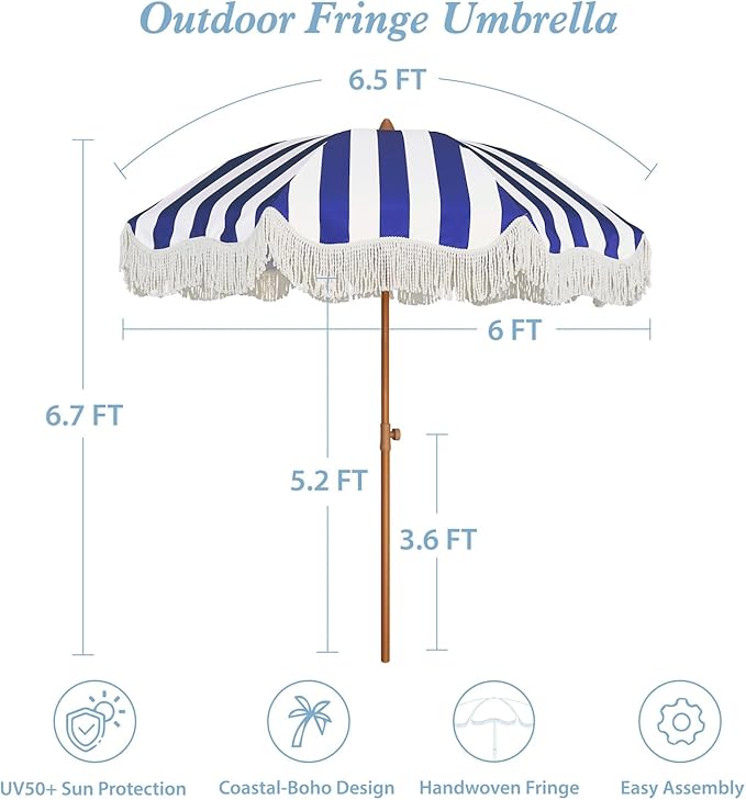 AMMSUN Boho Fringe Umbrella Outdoor Patio, 6.5ft UPF50+ Picnic Umbrella with Tassels with Steel Pole and Push Button Tilt, Navy Stripe
