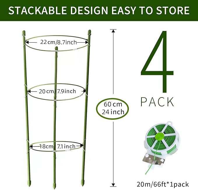 4 Pack Tomato Cage for Garden Plant Support, 24 inches Small Tomato Cages Tomato Trellis with Adjustable Rings, Plant Stakes for Peony Support, Tomato Stakes Rings for Climbing Plants