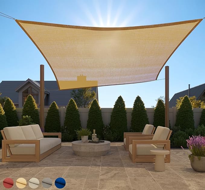 GORILLA GRIP Heavy Duty Sun Shade, UV Protection Fade Tear and Rust Resistant Rectangle Sunshade Canopy, Curved Edges Blocks Sunlight, Breathable Sail, Outdoor Patio, Lawn Garden 10x10 FT Sand