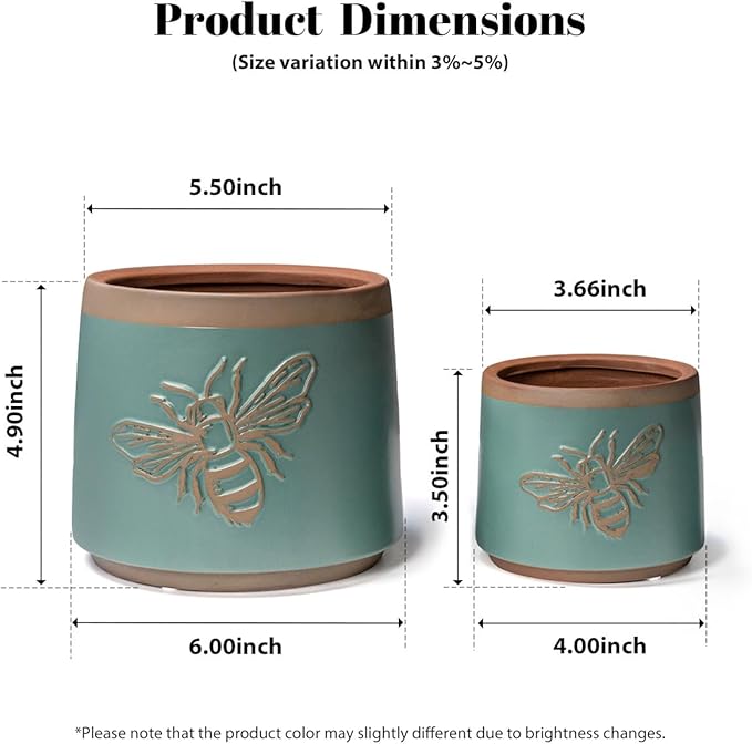 YBX Terracotta Pots with Drainage Holes, Bee Decor, Planter for Indoor Plants, Flower Pots Indoor Succulent, Herbs, Snake Plants (Turquoise, 6+4 Inch)