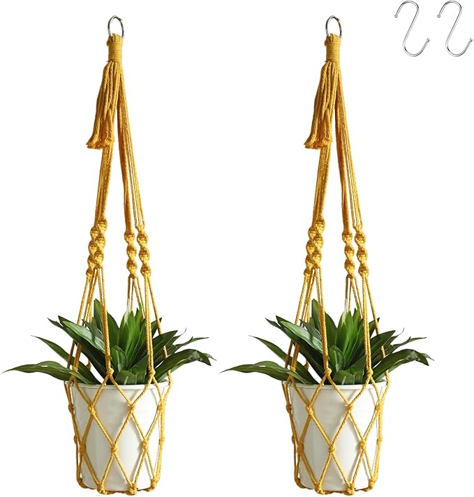 Artilady Boho Macrame Plant Hangers - Handmade Hemp Rope Hanging Baskets for Plants with Ceiling Hooks, Bohemian Home Decor Wall Art (Ginger-Yellow-2pcs)