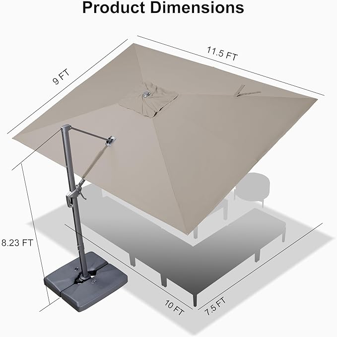 PURPLE LEAF 9' X 11.5' Rectangle Cantilever Umbrella with Base Outdoor Large Aluminum Patio Umbrella with 3-Year Fade Resistance Recycled Fabric and 360-degree Rotation for Deck Pool Garden, Ash Mocha