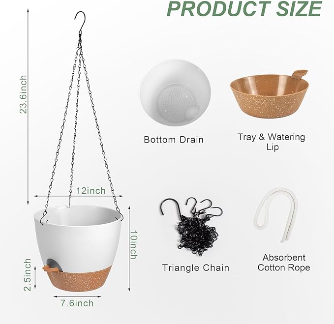Hanging Planters for Indoor Outdoor Plants, 1 Set Self Watering Hanging Pot with Drainage Holes & Removable Tray (White-12inch, 12'')