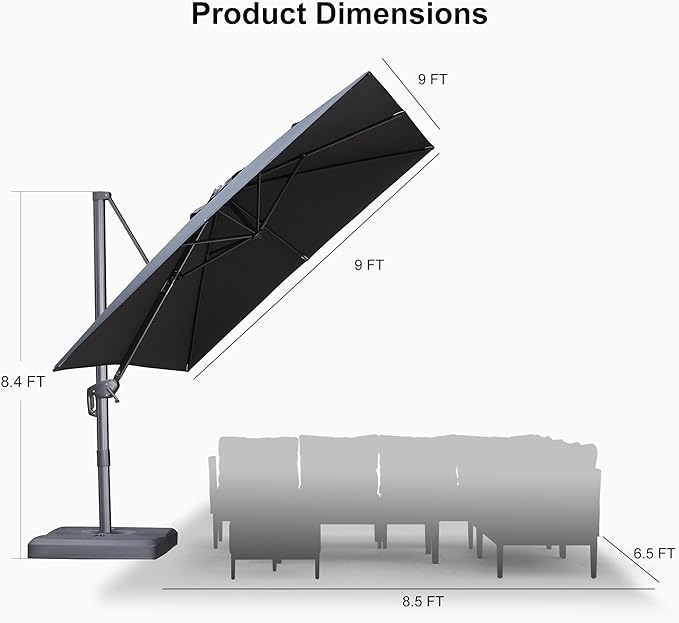 PURPLE LEAF 9 FT Outdoor Umbrella with Base Patio Cantilever Aluminum Umbrella with 3 Years Fade Resistance Recycled Fabric Offset Square with 360-degree Rotation for Deck Pool Garden, Graphite Grey
