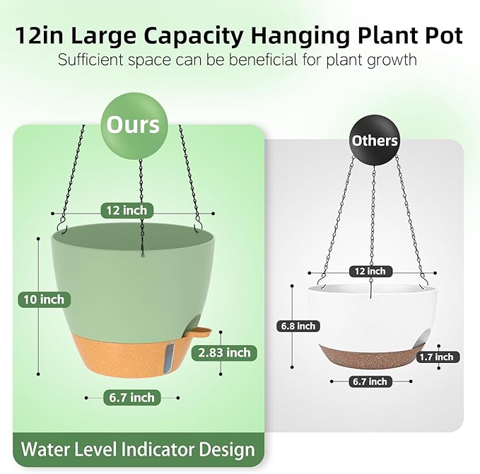 ZMTECH 12 Inch Hanging Planters for Indoor Outdoor Plants, 2 Pack Self Watering Hanging Plant Pots with Drainage Hole, Visual Reservoir, Plastic Flower Hanging Pots with Watering Lip (Green)