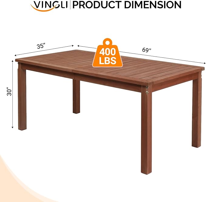 VINGLI 69-inch Large Outdoor Wood Dining Table for Patio, Solid Wood Patio Table Waterproof Wooden Table for Garden, Backyard, Deck - Durable Yard Furniture
