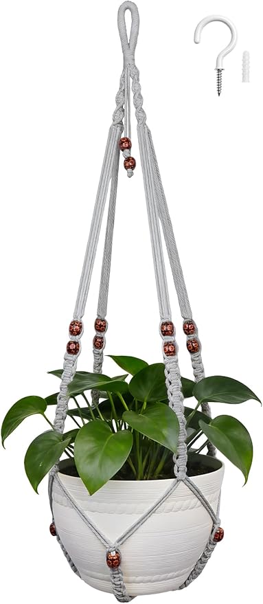 35 Inch Macrame Plant Hanger, Large for up to 15 Inch Pot Extra Long Hanging Planter Holder Basket with Wood Beads for Indoor Outdoor Home Decor (Grey, 1-Pack)