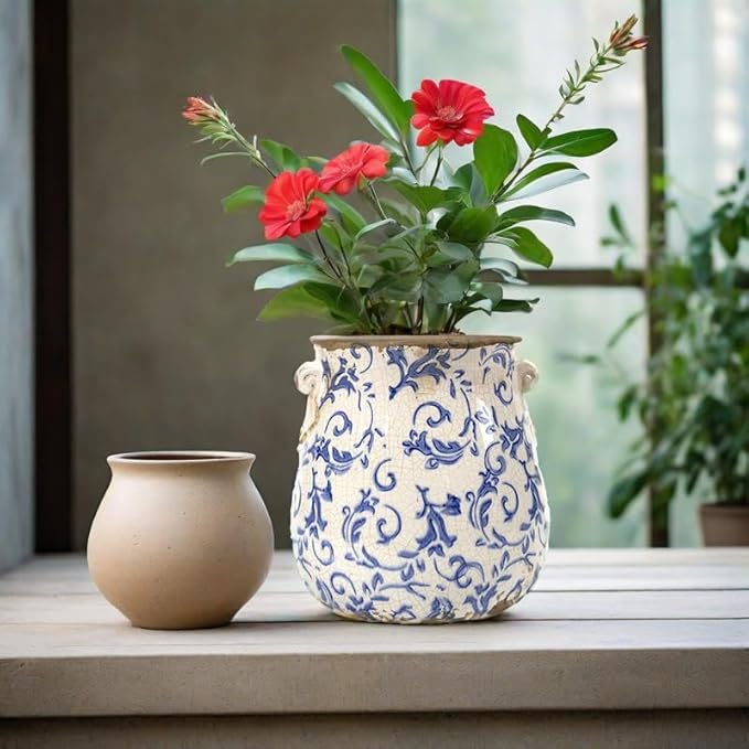 Vintage Plant Pot Rustic Planter Container with Drainage Hole Ceramic Ice Crack Flower Pot Decorative Planter for Indoor and Outdoor Tuscan Decor Vase Gardening Gift (Blue)
