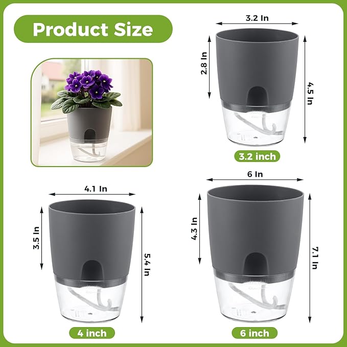 8 Pack Self Watering Pots for Indoor Plants, PlanterHoma 3.2 Inch Plant Pot Plastic Self Watering Planter for Orchid, African Violet, Mini Clear Flower Pots with Drainage Holes and Wicking Rope, Grey