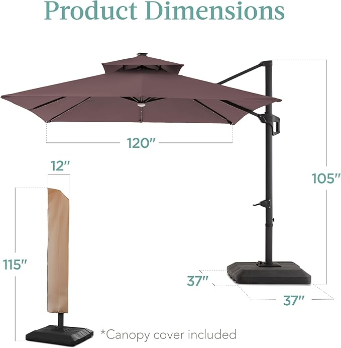 Best Choice Products 10x10ft Cantilever Patio Umbrella w/Base Included, Solar LED Lights 360 Rotation Large Offset Hanging Outdoor Shade for Deck Pool Backyard w/Stand – Deep Taupe