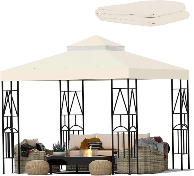 10x10 Canopy Replacement Top Double Tiered Gazebo Cover for Yard, Patio & Garden Durable Sunshade Replacement (Beige)