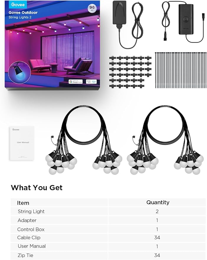 Govee Smart Outdoor String Lights 2, 96ft RGBIC Outdoor Lights with Dimmable Warm White LED Bulbs, 47 Scene Modes for Patio, Backyard, IP65 Waterproof, Compatible with Alexa, App Control