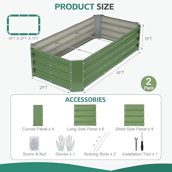 Galvanized Raised Garden Bed - 4x2x1ft (2Packs) Metal Garden Planter Box Outdoor | Steel Raised Bed Kit with Bracing Rods, Gloves for Gardening Vegetables Fruits and Flowers (Oliver Green)
