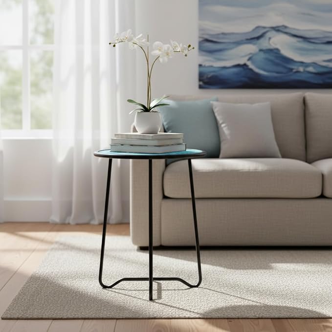 LIFFY Outdoor Side Table,14" Indoor Outdoor Round Glass Tabletop Accent Table with Metal Frame, Decorative Plant Stand & End Table for Home, Patio, Garden