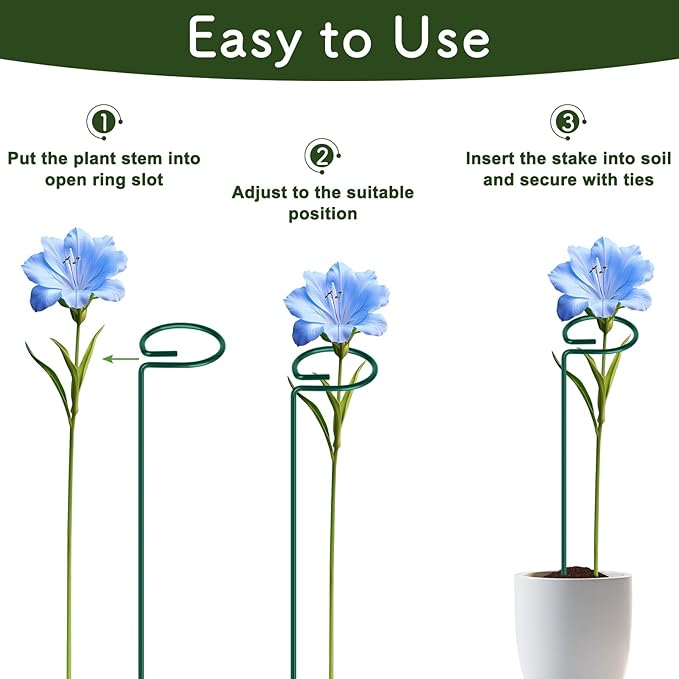 FEED GARDEN 16 Inch 12 Pack Plant Support Stakes, Metal Garden Flower Stakes and Supports for Outdoor Plants, Plant Stem Support with 24 Twist Ties for Amaryllis Lily Rose Peony Tomatoes Gladiolus