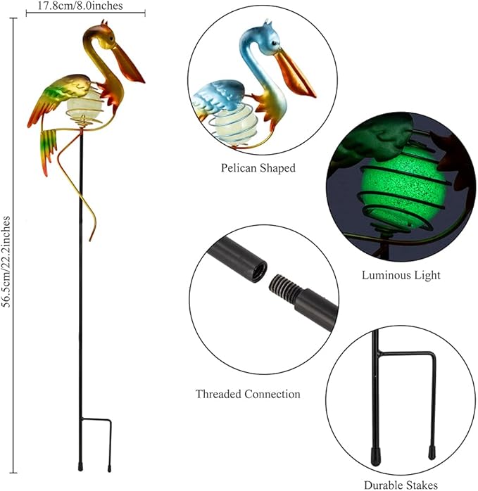 3Pcs Pelican Decorative Garden Stakes, 56.5''H Waterproof Glow in The Dark Metal Yard Decor,Luminous Spring Decorative Garden Stakes for Lawn Patio Pathway