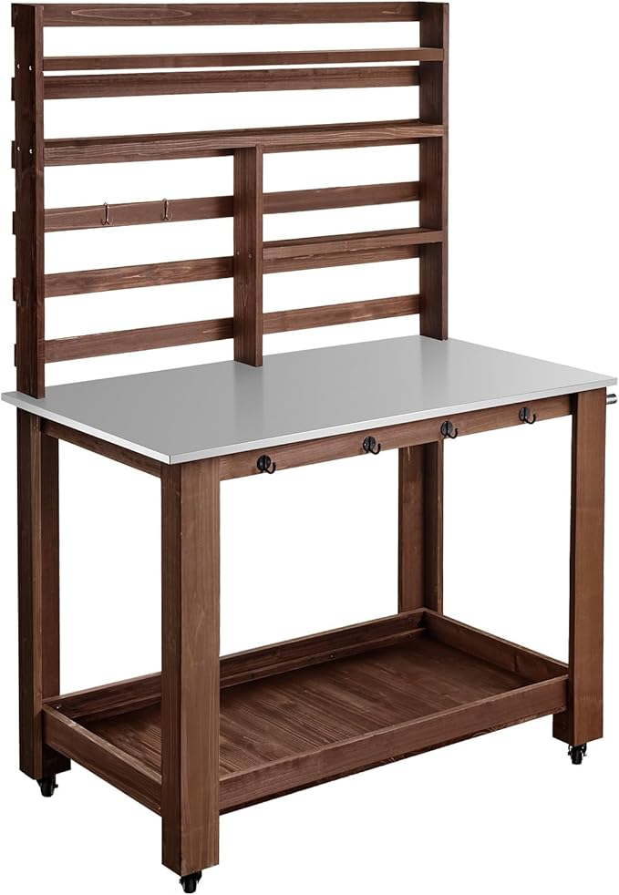 VEVOR Potting Bench Table, Outdoor Gardening Workstation with 45 x 26 in Stainless Steel Tabletop, Storage Shelves, 4 Casters, Hooks, Garden Planting Work Station for Outside Patio, Backyard, Brown