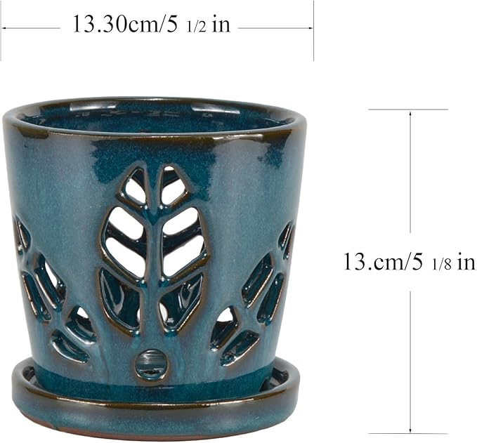 W&W Orchid Pot with Holes and Saucer for Repotting, Teal, 5.5 Inch