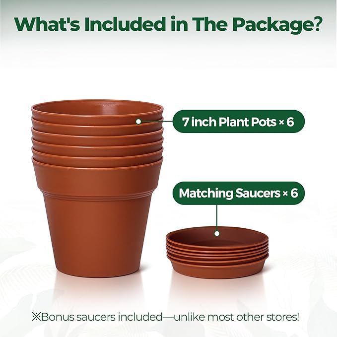 T4U 7.5 Inch Plant Pots 6 Pcs, Flower Pots for Plants, Plastic Planter Pots for Indoor Plants with Drainage Holes and Saucer (6 Pcs, 7.5")