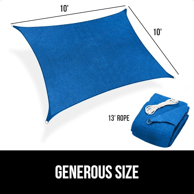 GORILLA GRIP Heavy Duty Sun Shade, UV Protection Fade Tear and Rust Resistant Rectangle Sunshade Canopy, Curved Edges Blocks Sunlight, Breathable Sail, Outdoor Patio, Lawn Garden 10x10 FT Blue