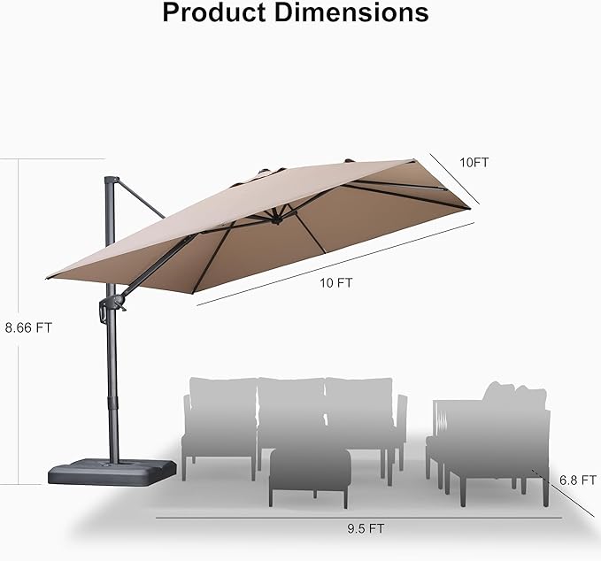PURPLE LEAF Patio Umbrella 10' X 10' Rectangle Cantilever Umbrella Large Aluminum Outdoor Umbrellas with 360-degree Rotation & UPF40+ Premium Fabric for Deck Pool Garden Yard,Sand Dune