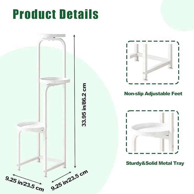 Plant Stand Indoor Outdoor 3 Tier Metal Plant Shelf for Multiple Plants Corner Flower Holders for Living Room Balcony Bedroom Patio Garden, Black (White, 3-Tier)