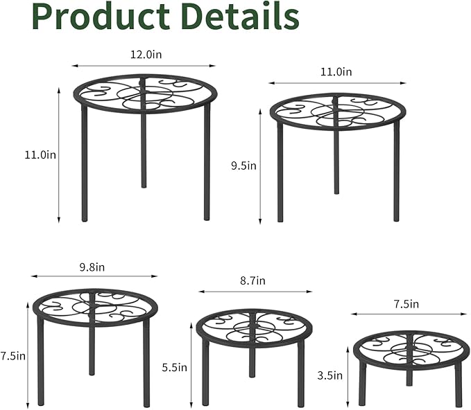 5-piece set of metal plant potted flower racks, heavy-duty flower pot plant racks of different sizes, iron flower racks, suitable for indoor and outdoor home decoration (Black) (5, Black)
