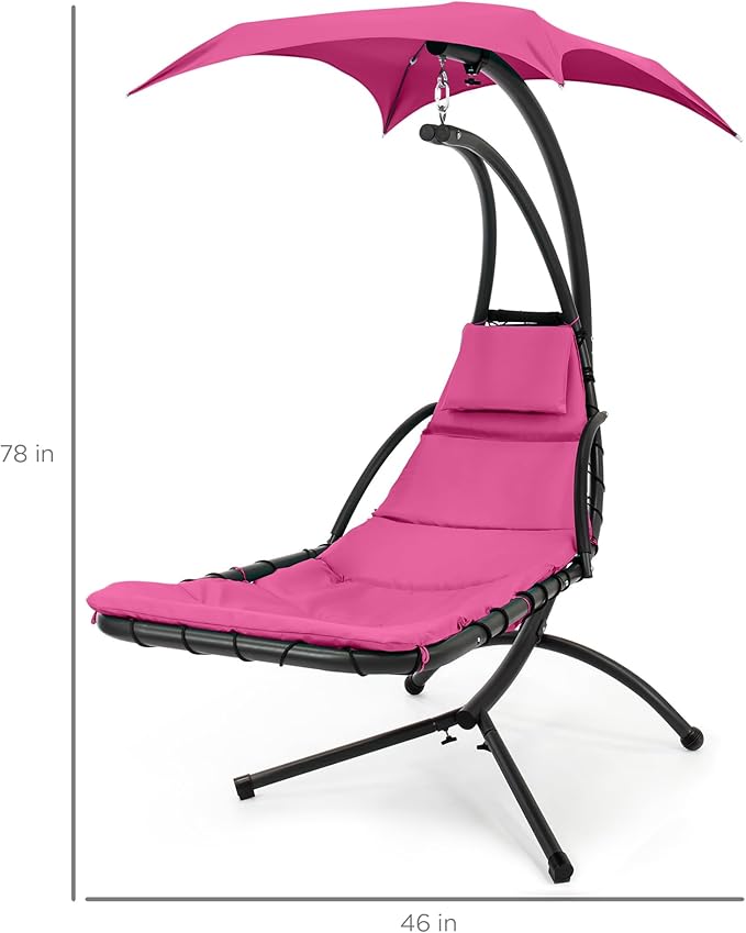 Best Choice Products Outdoor Hanging Curved Steel Chaise Lounge Chair Swing w/Built-in Pillow and Removable Canopy - Pink