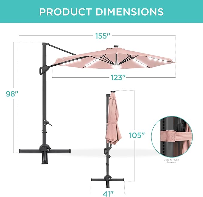 Best Choice Products 10ft Solar LED Cantilever Patio Umbrella, 360-Degree Rotation Hanging Offset Market Outdoor Sun Shade for Backyard, Deck, Poolside w/Lights, Easy Tilt, Cross Base