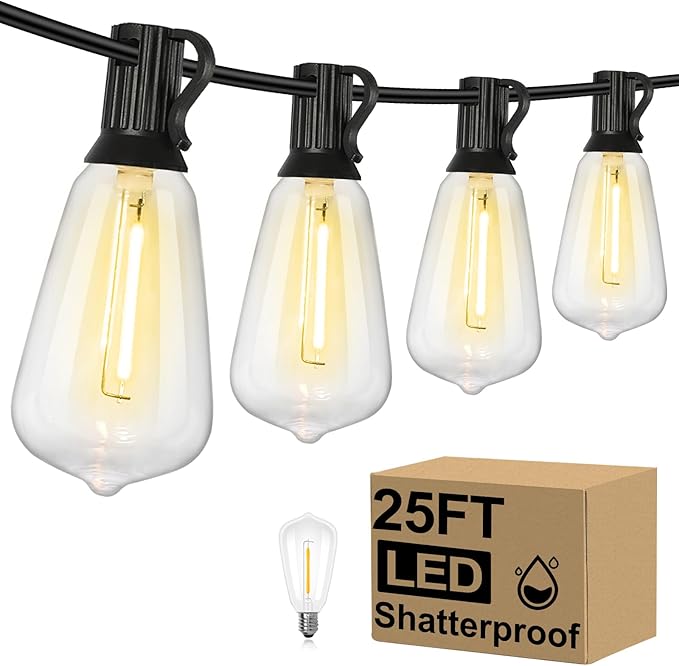 Brightever Outdoor String Lights, 25FT Patio Lights with 13 ST38 LED Edison Bulbs (1 Spare), Waterproof Connectable String Lights for Outside, Dimmable Hanging Light for Backyard Porch Decor, Black