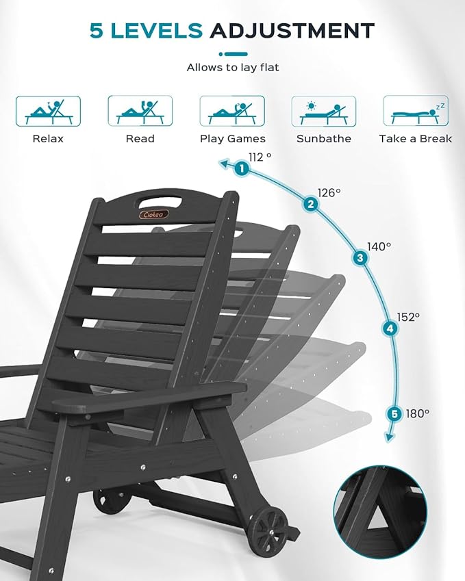 Outdoor Chaise Lounge Chair Set of 2, Patio Lounge Chairs for Outside, HDPE Lounge Chairs with Wheels & Cup Holder, Poly Lounge Chair with 5 Position for Poolside, Deck, Black