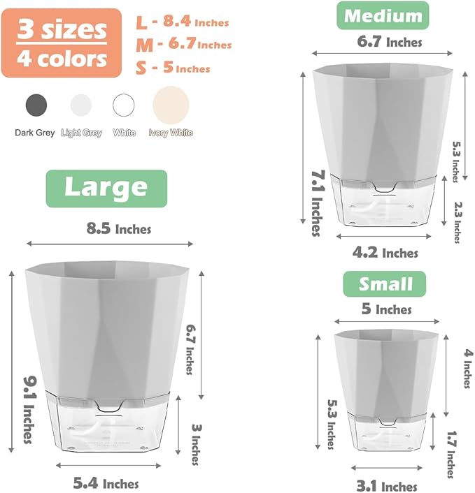 5 Pack Self Watering Plant Pots 5/6.7/8.4 In Self Watering Planters for indoor and Outdoor plants African Violet Self Watering Pots Clear Pots for Plants Herb Orchid Flower Houseplant Pots, Light Grey
