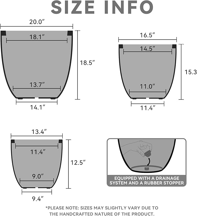 Kante 20",16.5",13.4" Dia Round Concrete Planters (Set of 3), Outdoor Indoor Modern Decorative Plant Pots with Drainage Hole & Rubber Plug for Home & Garden, Pure White