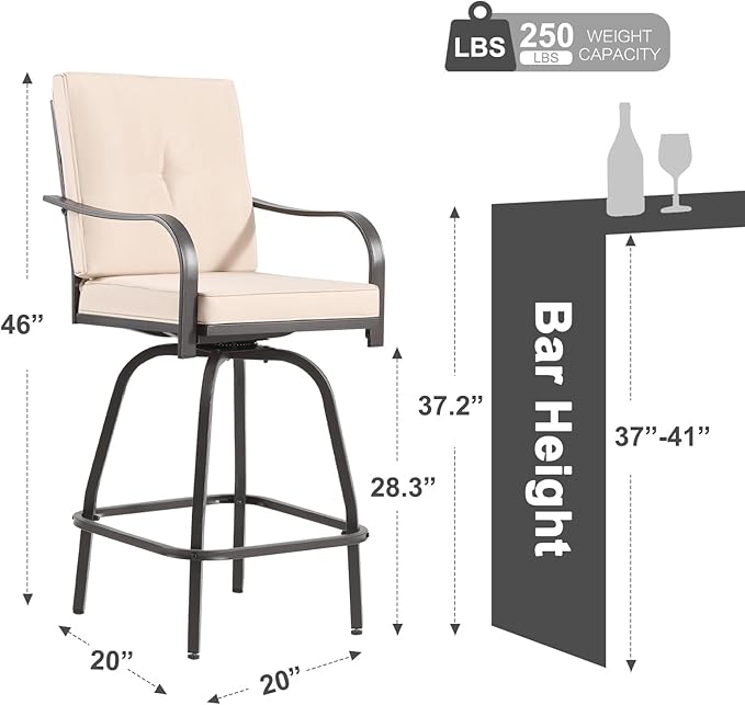Patio Swivel Bar Stools Set of 2, Outdoor Bar Height Swivel Chairs with Cushions for Garden Balcony Backyard, Beige