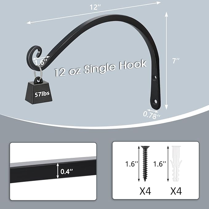 Gtongoko 2 Pack 12 Inch Plant Hangers Outdoor Metal, Plant Hooks for Wall Indoor, Outdoor Hooks for Hanging Bird Feeders, Plant Bracket, Lanterns, Wind Chinme, Black