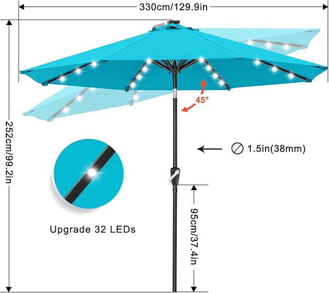 ABCCANOPY Durable Solar Led Patio Umbrellas with 32LED Lights 11FT (Turquoise)