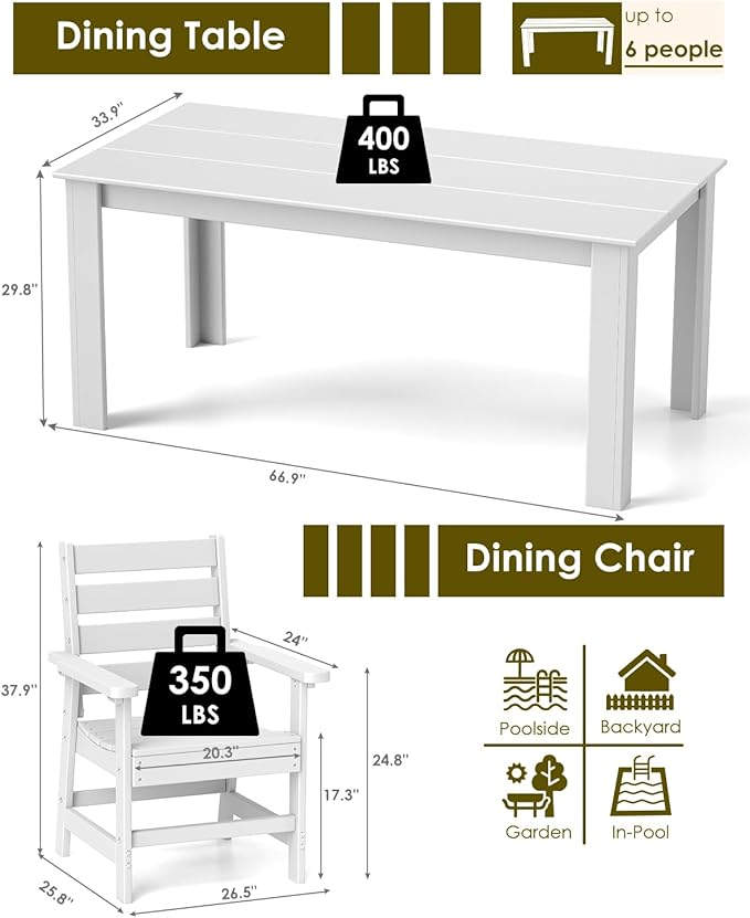 GREENVINES 7-Piece Outdoor Dining Set | HDPE | Patio Table and Chairs Sets for 6 | Patio Furniture | All Weather | Umbrella Hole | White | for Backyard Poolside Garden