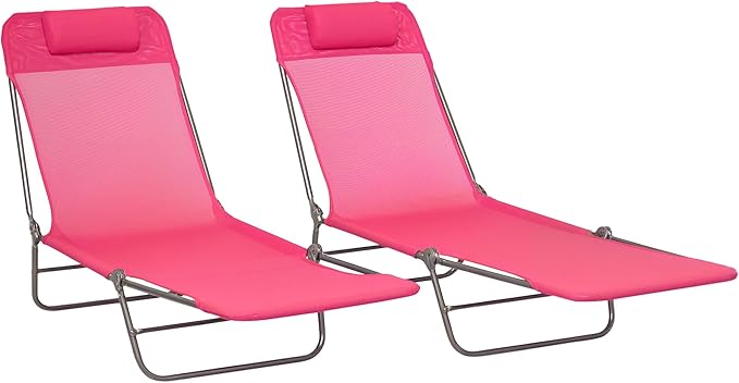 Outsunny 2 Piece Folding Chaise Lounge Chairs, Pool Sun Tanning Chairs with Reclining Back, Breathable Mesh Seat, Headrest for Beach, Yard, Patio, Pink