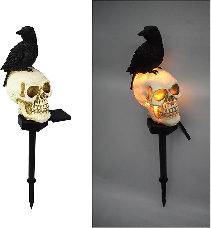 Outdoor Solar Lights, Crow Solar Lights Outdoor Waterproof Halloween Skull Light with Stakes Solar White Crow Light Garden Decor for Yard, Lawn