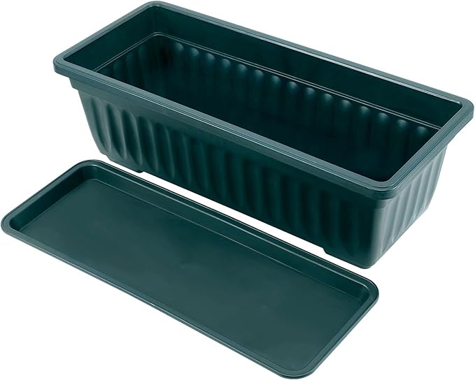 JOIKIT 6 Packs 17 x 7.5 x 5.5 Inch Plastic Window Planter Boxes with Trays, Plastic Vegetable Planter with 30 Plant Label, Countryside Flower Box Pot for Garden Windowsill Patio Balcony, Dark Green