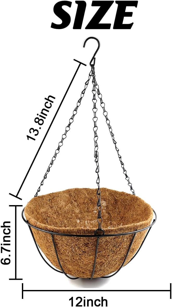 TIHOOD 4 Pack 12 inch Hanging Planter Basket Outdoor Large Hanging Flower Pots Indoor with Coco Coir Liner Round Wire Plant Holder Chain Hanging Basket Garden for Home Decor Balcony Office