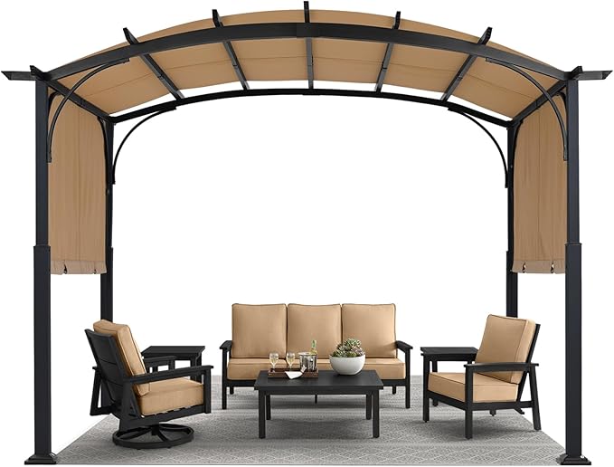 MASTERCANOPY 10x10ft Outdoor Retractable Pergola with Sun Shade Canopy Patio Metal Garden Pergola,Beige