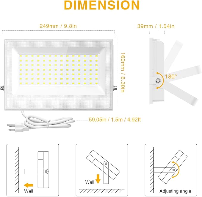 Onforu 120W Flood Lights Outdoor,12000lm White LED Work Light with Plug, 6500K Daylight White LED Flood Lighting, IP66 Waterproof Security Yard Lights for Yard Garage Stadium 2 Pack
