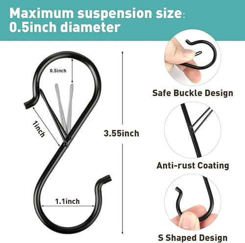 12 Pcs S Hooks for Hanging Heavy Duty, 3.5-inch Heavy Duty Metal S Hook with Safety Buckle, Suitable for 0.5 inch Rods, S Hook for Hanging Plants, Closet, Kitchen Utensil, Pot, Pan, Bags