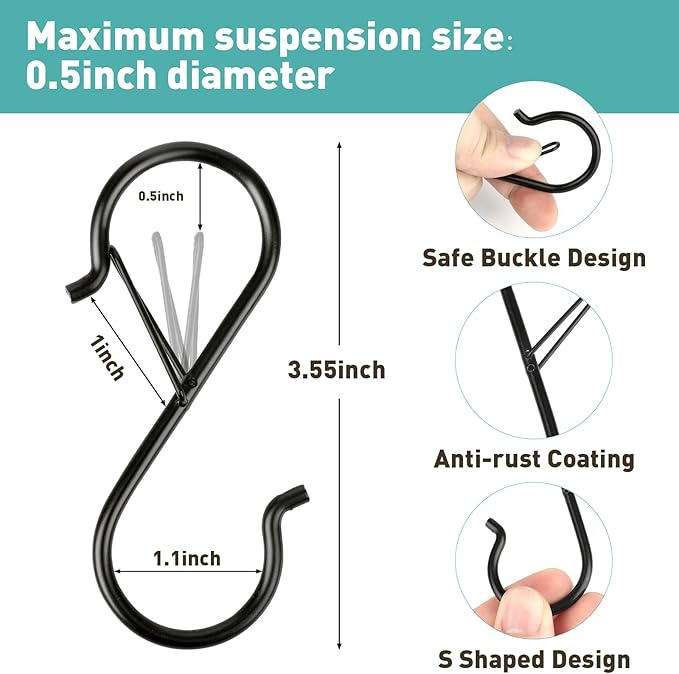 Navona 20 Pcs S Hooks for Hanging Heavy Duty, 3.5-inch Heavy Duty Metal S Hook with Safety Buckle, Suitable for 0.5 inch Rods, S Hook for Hanging Plants, Closet, Kitchen Utensil, Pot, Pan, Bags